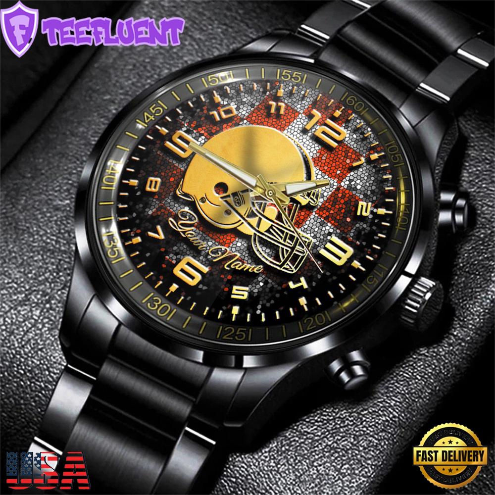 Custom Name Cleveland Browns NFL 3D Men Black Stainless Steel Watch Gift For Fans For Father