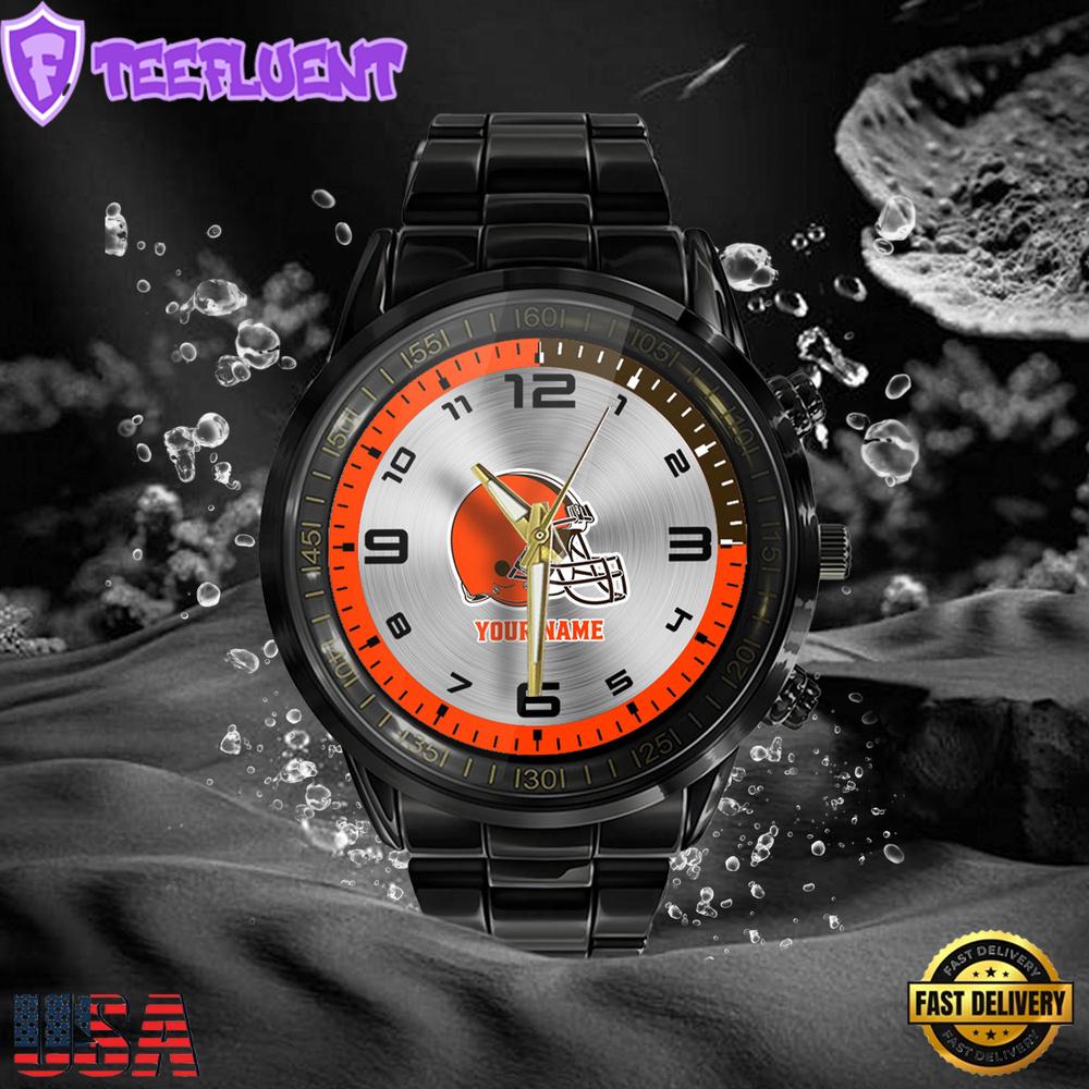 NFL Custom Name Cleveland Browns Black Stainless Steel Watch Gifts For Fans NFL Custom Name Cleveland Browns Black Stainless Steel Watch Gifts For Fans