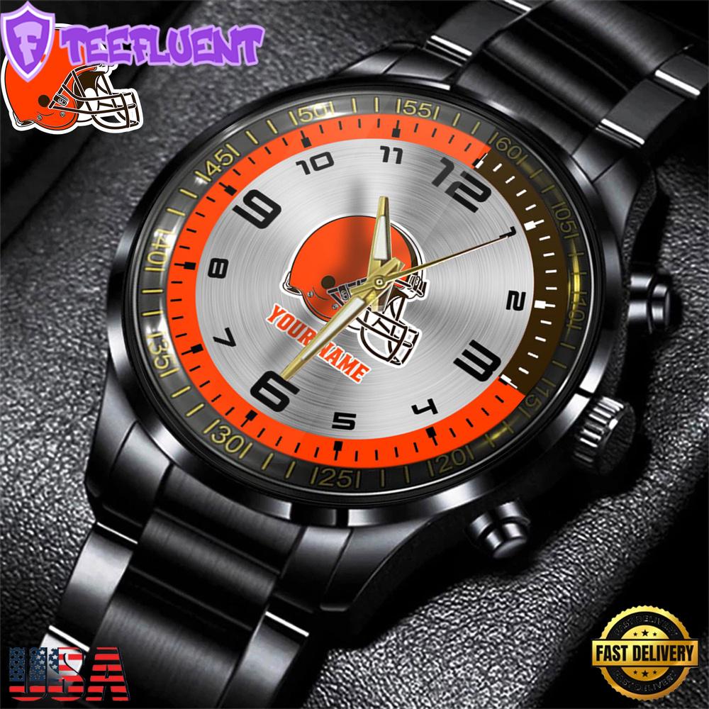 Custom Name Cleveland Browns NFL Black Stainless Steel Watch Gifts For Fans