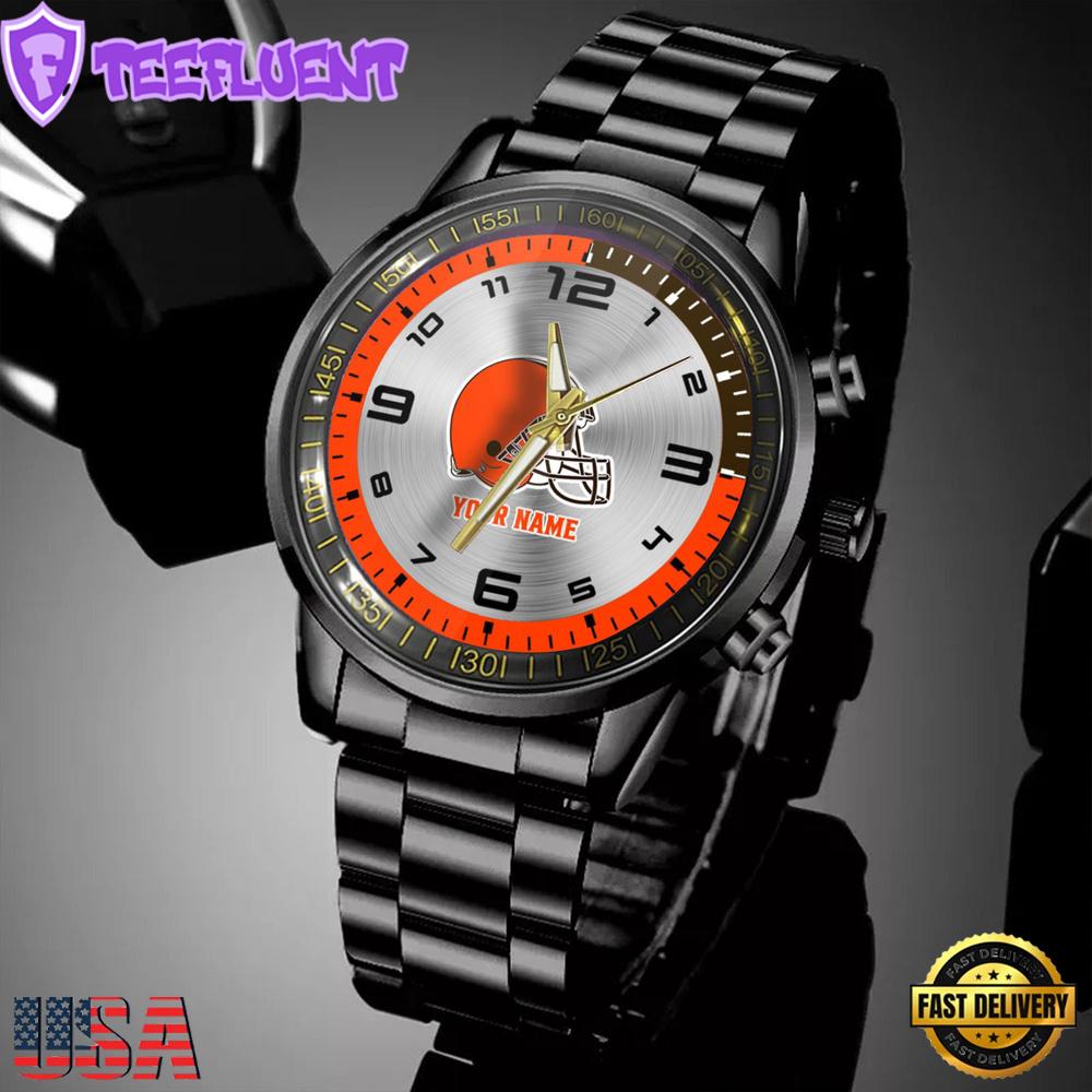 Custom Name Cleveland Browns NFL Black Stainless Steel Watch Gifts For Fans
