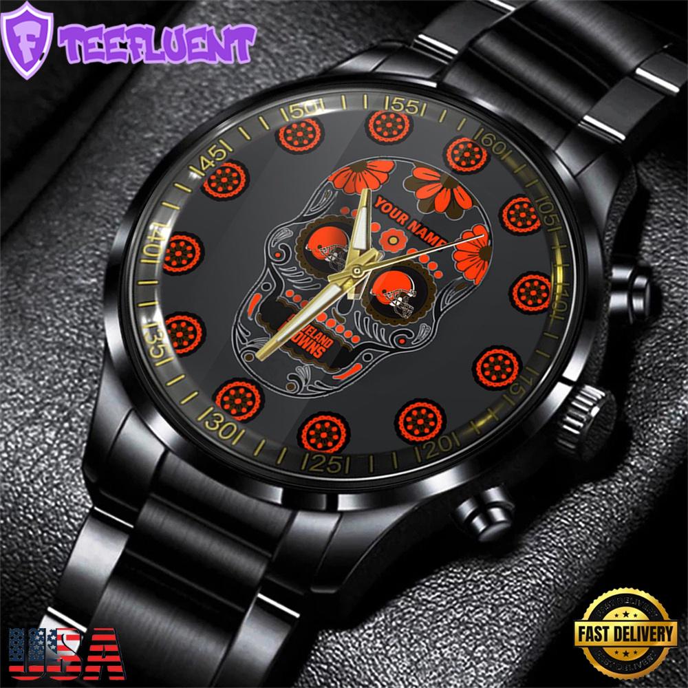 Custom Name Cleveland Browns NFL Men Black Stainless Steel Watch Gift For Fans