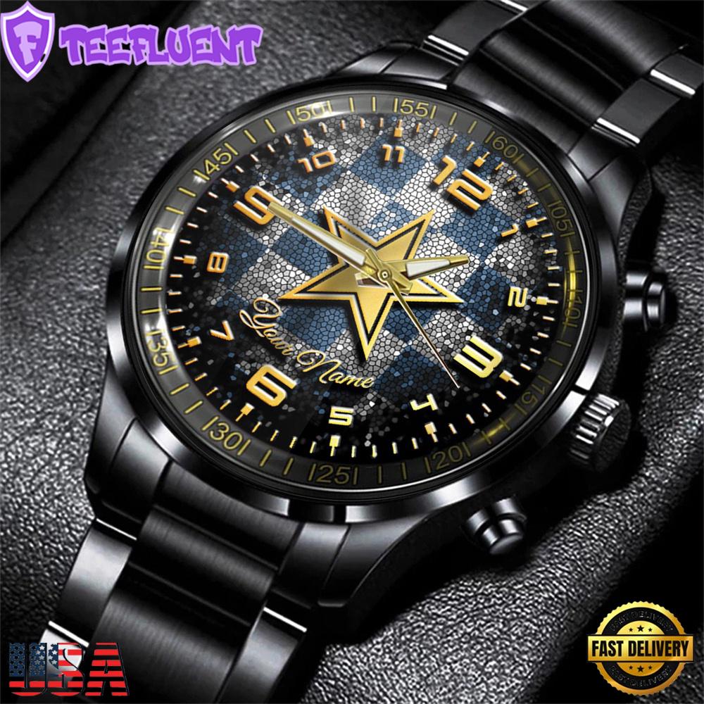 Custom Name Dallas Cowboys NFL 3D Men Black Stainless Steel Watch Gift For Fans