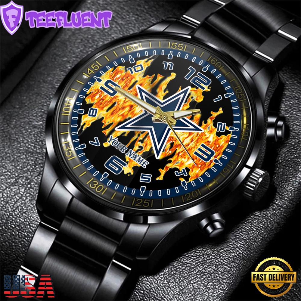 Custom Name Dallas Cowboys NFL 3D Men Black Stainless Steel Watch Gift For Fans