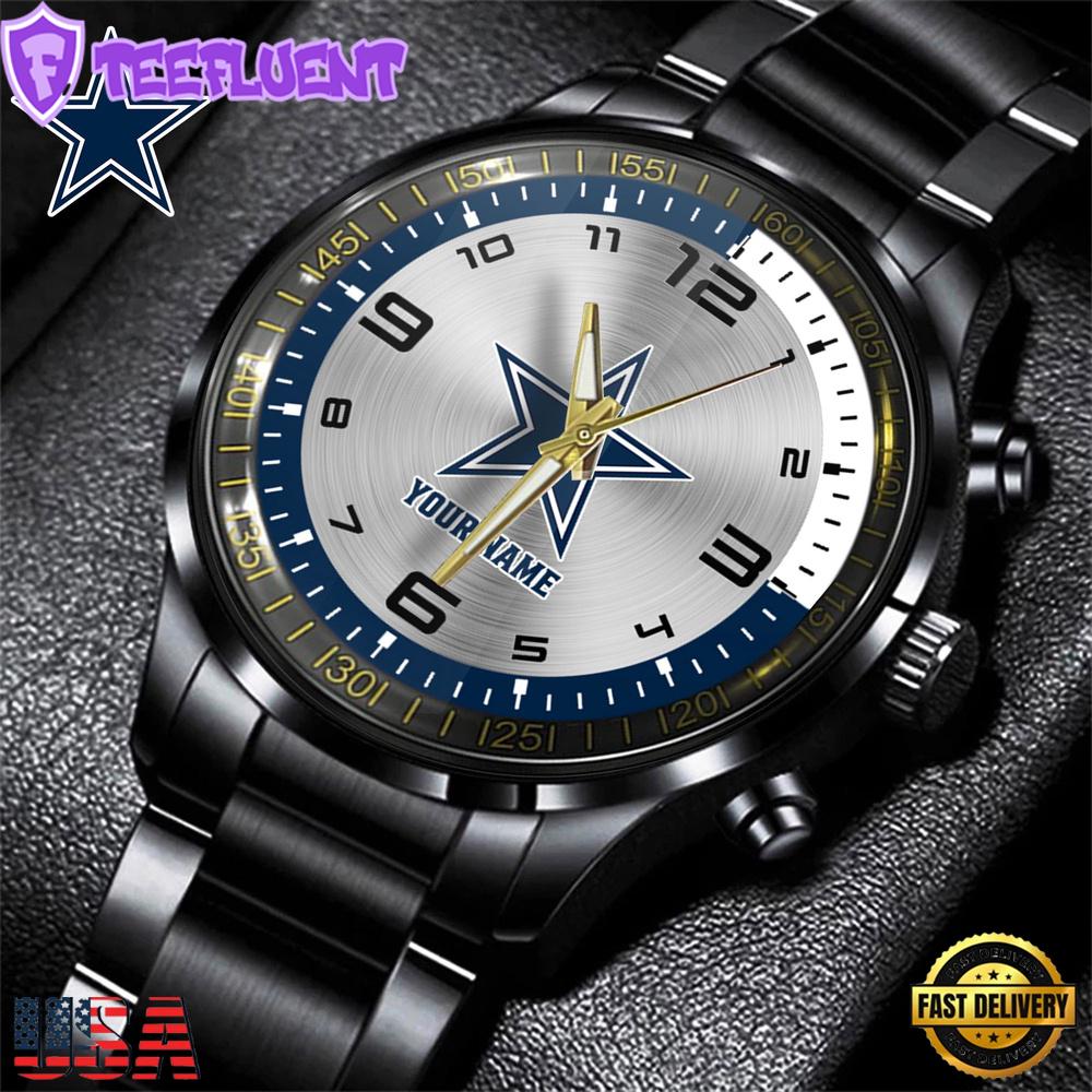 Custom Name Dallas Cowboys NFL Black Stainless Steel Watch Gifts For Fans