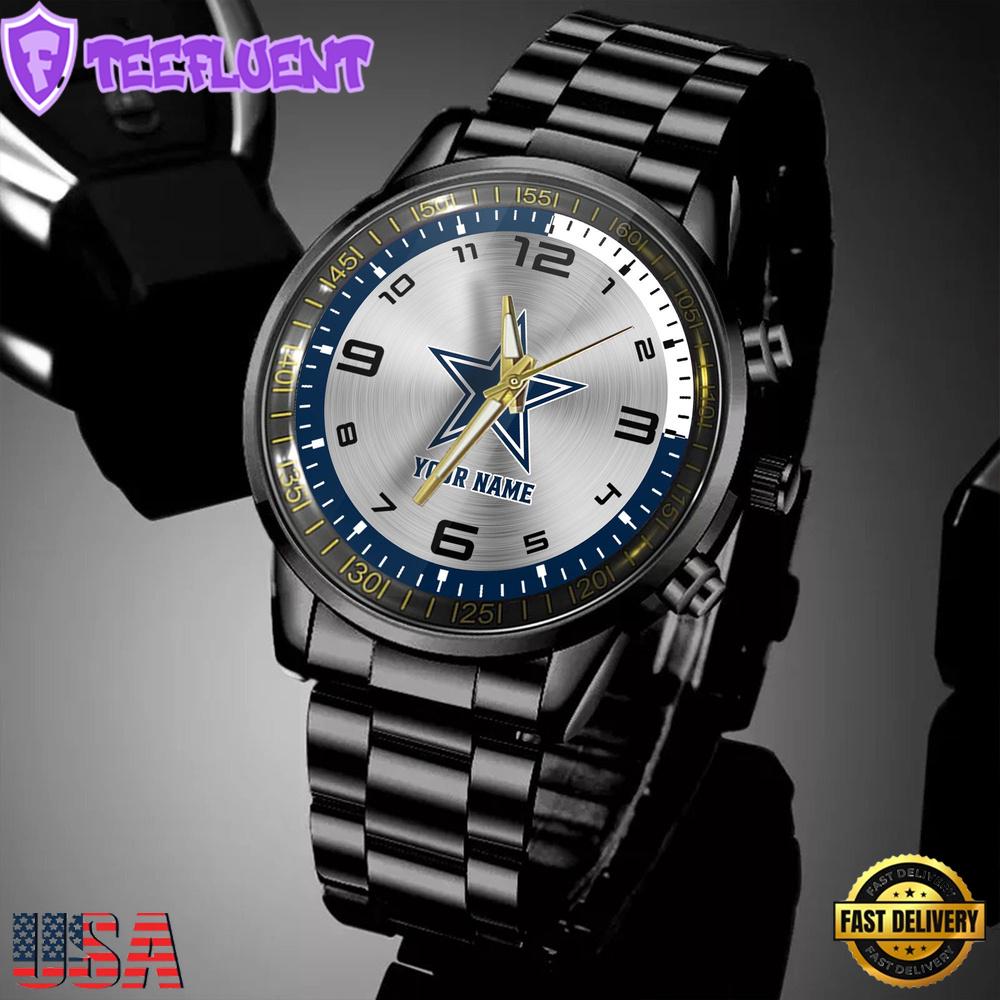 Custom Name Dallas Cowboys NFL Black Stainless Steel Watch Gifts For Fans