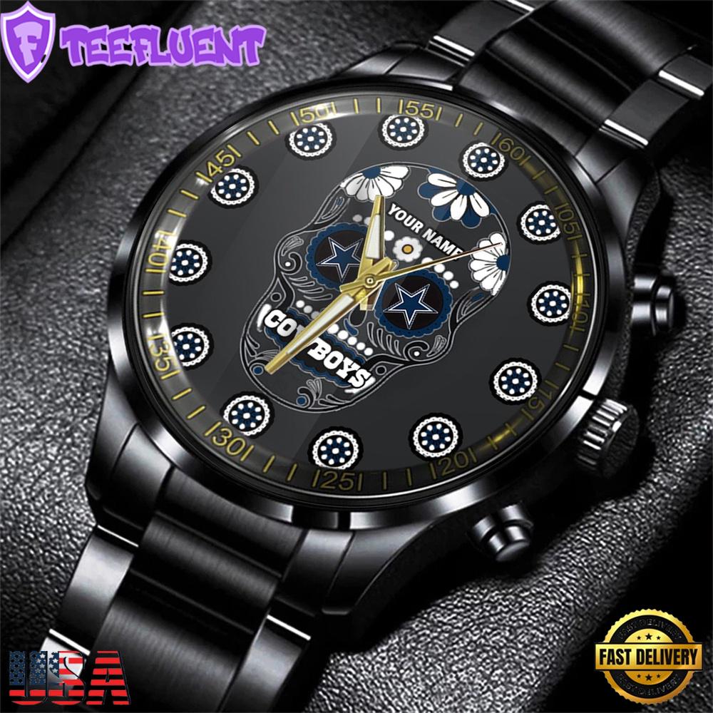 Custom Name Dallas Cowboys NFL Men Black Stainless Steel Watch Gift For Fans