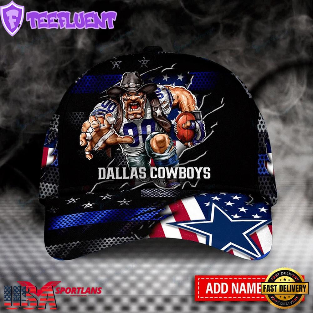Custom Name Dallas Cowboys NFL Team Mascot US Flag Baseball Cap