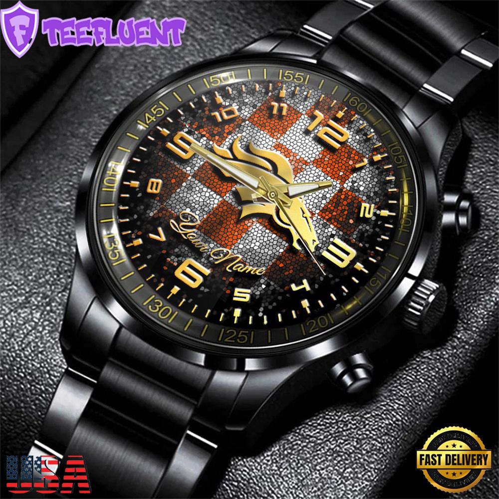 Custom Name Denver Broncos NFL 3D Men Black Stainless Steel Watch Gift For Fans