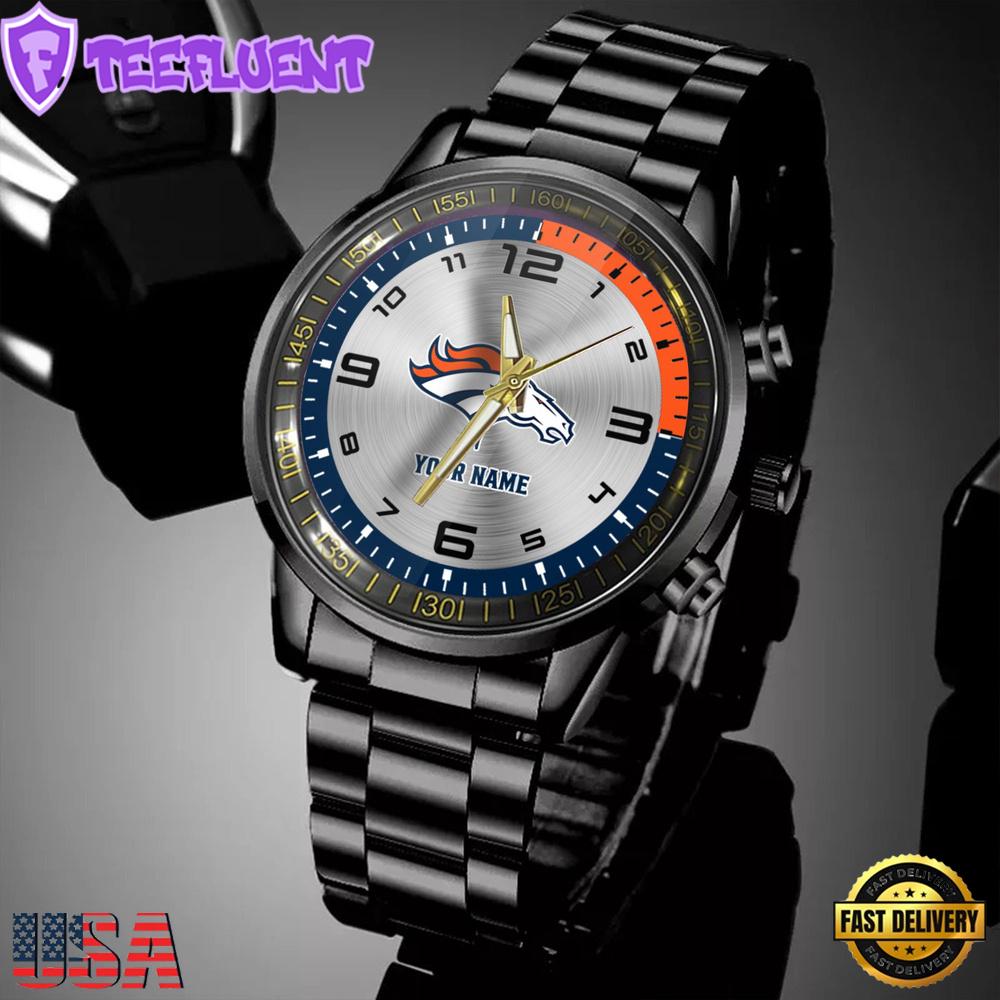 Custom Name Denver Broncos NFL Black Stainless Steel Watch Gifts For Fans