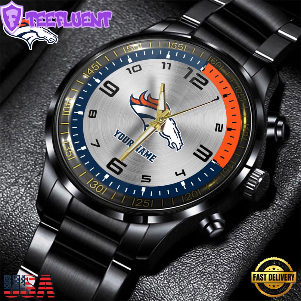 Custom Name Denver Broncos NFL Black Stainless Steel Watch Gifts For Fans