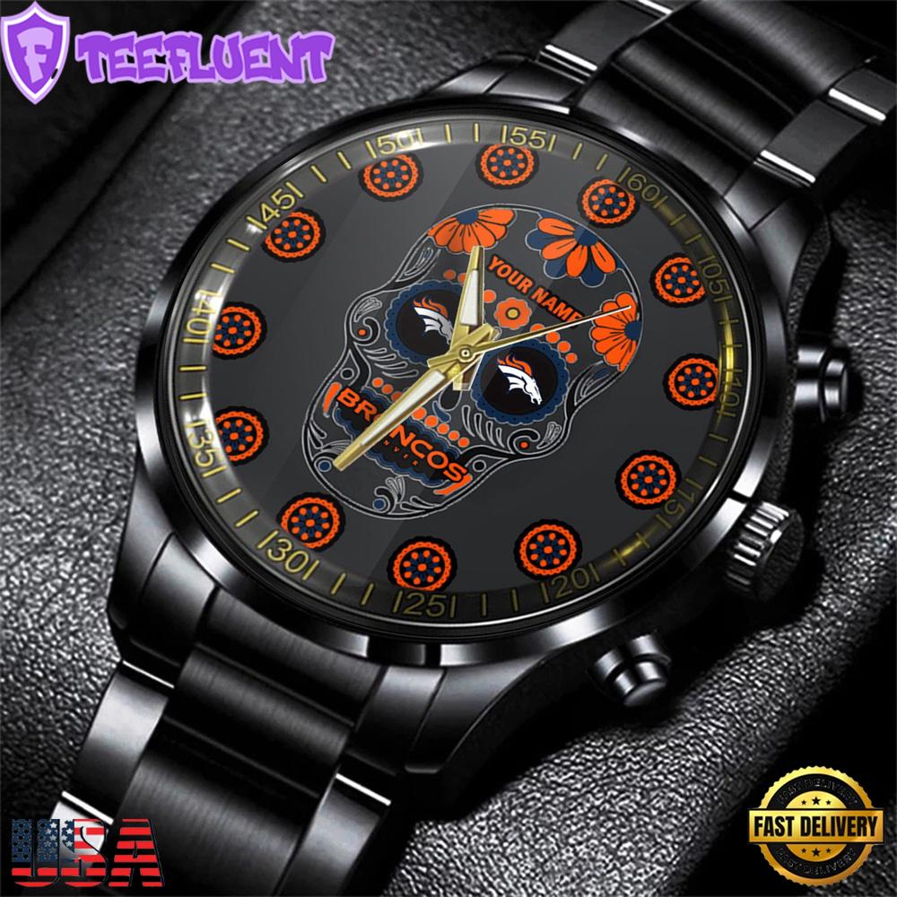 Custom Name Denver Broncos NFL Men Black Stainless Steel Watch Gift For Fans