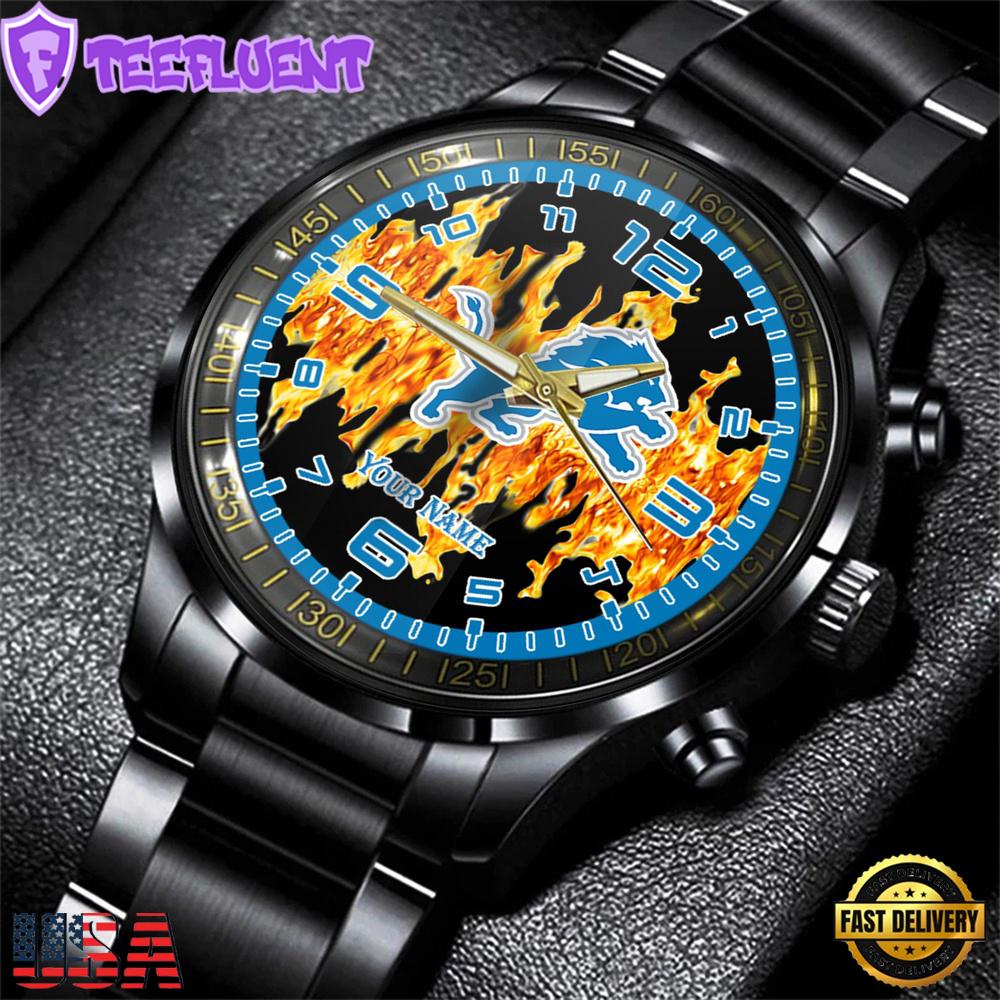 Custom Name Detroit Lions NFL 3D Men Black Stainless Steel Watch Gift For Fans