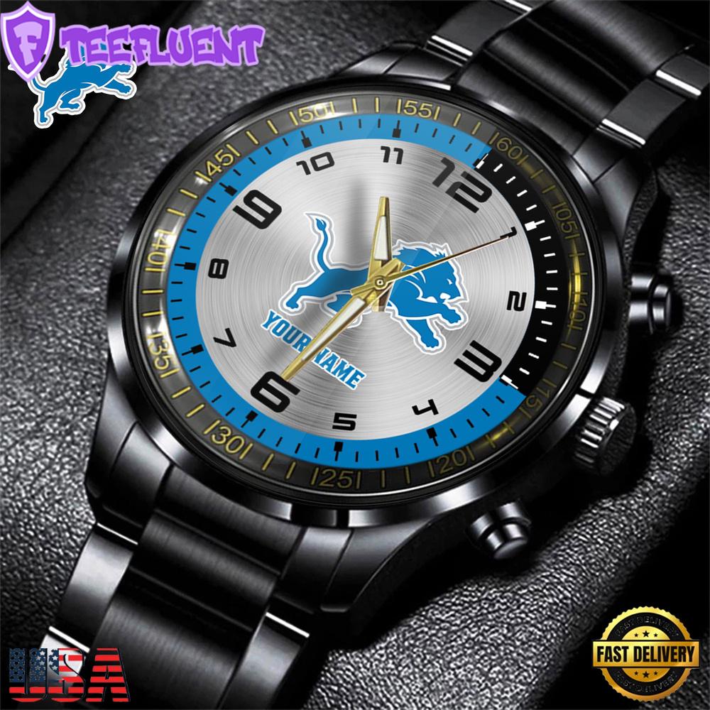 Custom Name Detroit Lions NFL Black Stainless Steel Watch Gifts For Fans