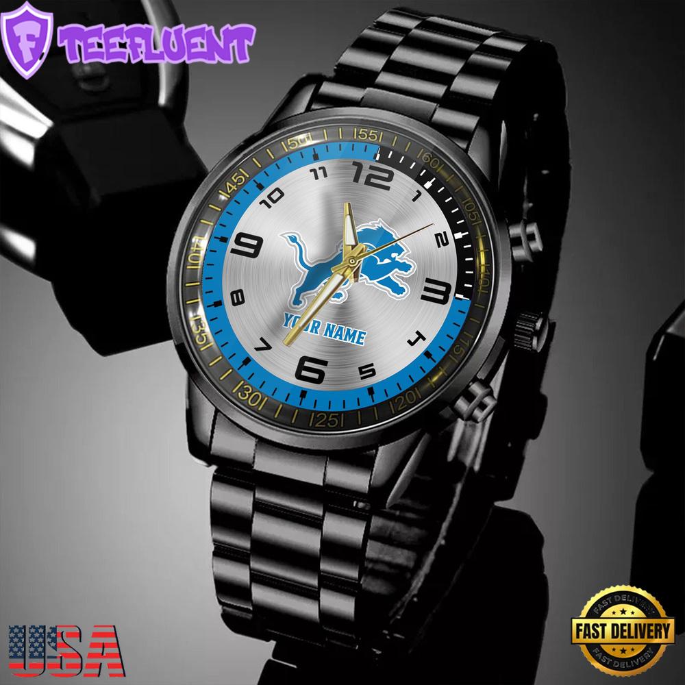 Custom Name Detroit Lions NFL Black Stainless Steel Watch Gifts For Fans