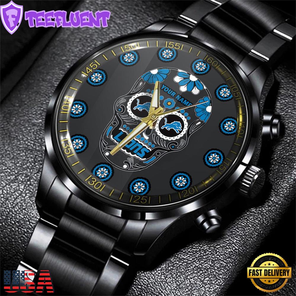 Custom Name Detroit Lions NFL Men Black Stainless Steel Watch Gift For Fans