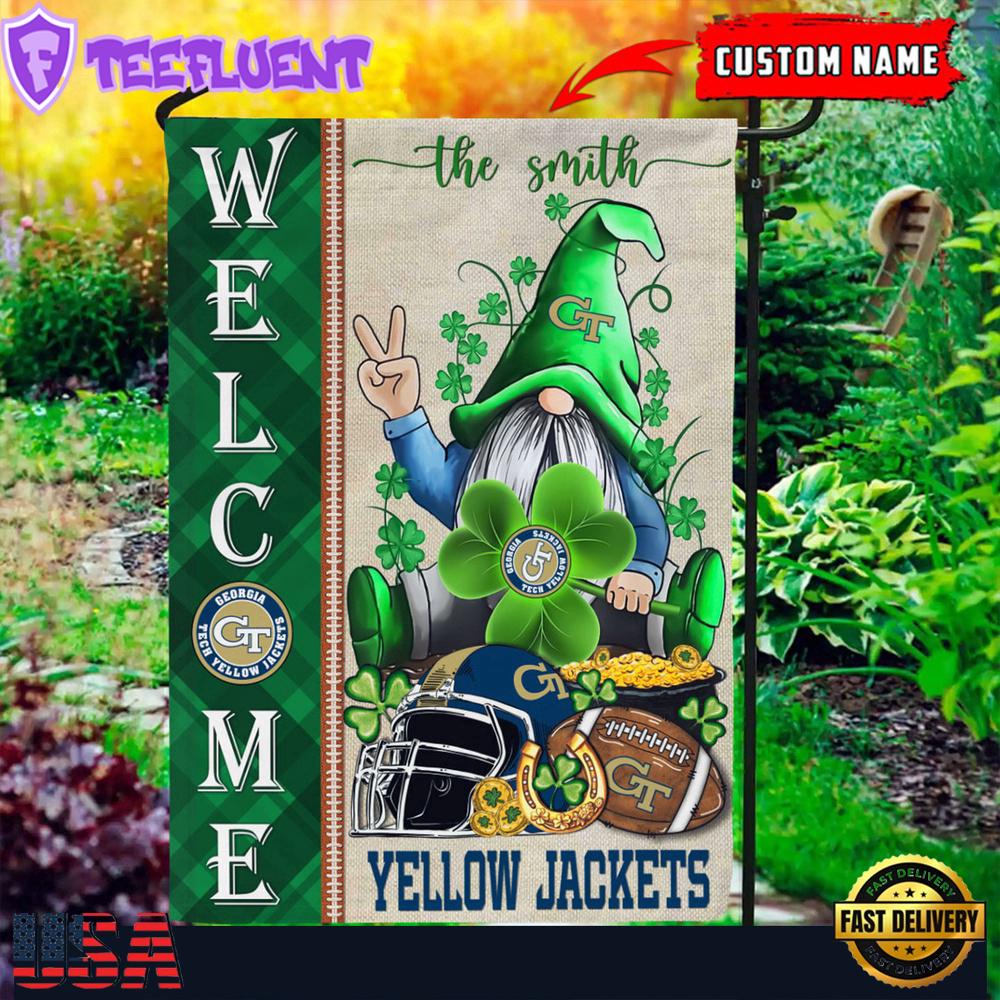 Custom Name Georgia Tech Yellow Jackets Happy St. Patrick's Day Shamrock House And Garden Flag