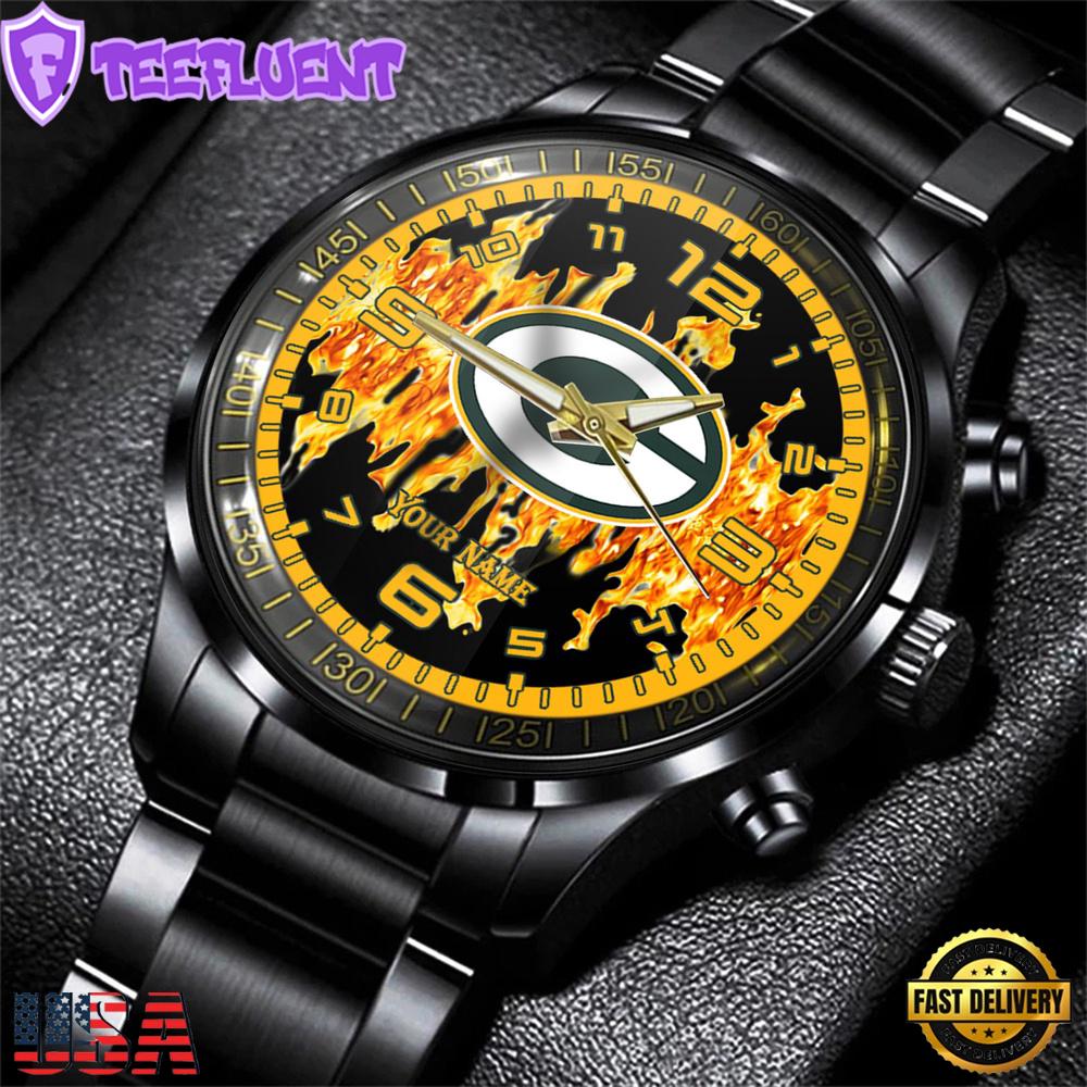 Custom Name Green Bay Packers NFL 3D Men Black Stainless Steel Watch Gift For Fans