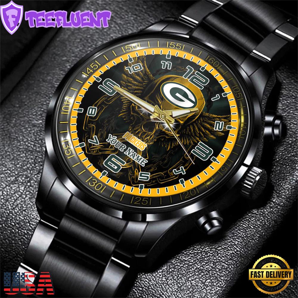 Custom Name Green Bay Packers NFL 3D Men Black Stainless Steel Watch Gift For Fans