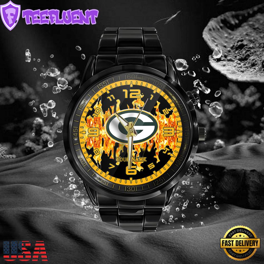 NFL Custom Name Green Bay Packers 3D Men Black Stainless Steel Watch NFL Custom Name Green Bay Packers 3D Men Black Stainless Steel Watch
