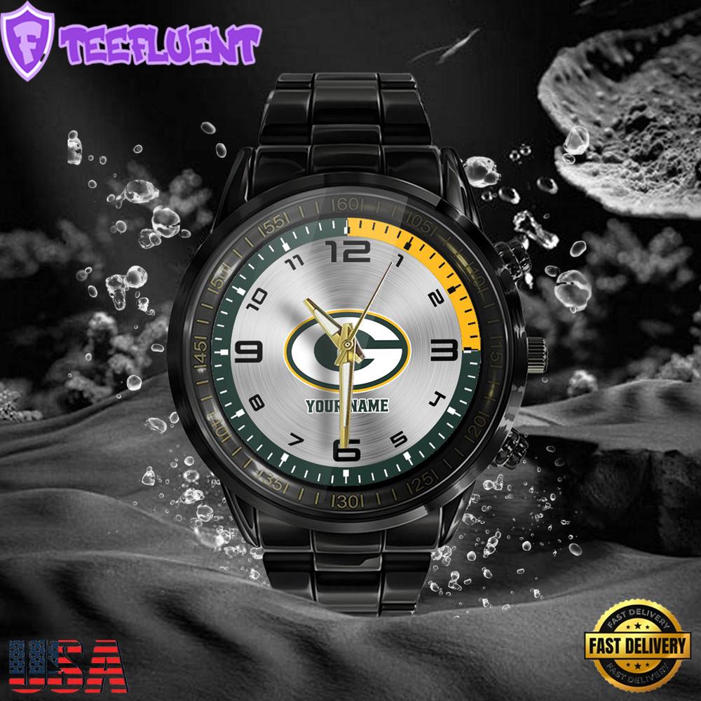 NFL Custom Name Green Bay Packers Black Stainless Steel Watch Gifts For Fans NFL Custom Name Green Bay Packers Black Stainless Steel Watch Gifts For Fans