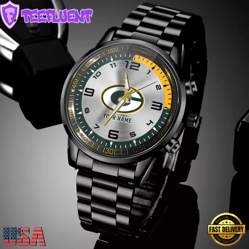 Custom Name Green Bay Packers NFL Black Stainless Steel Watch Gifts For Fans
