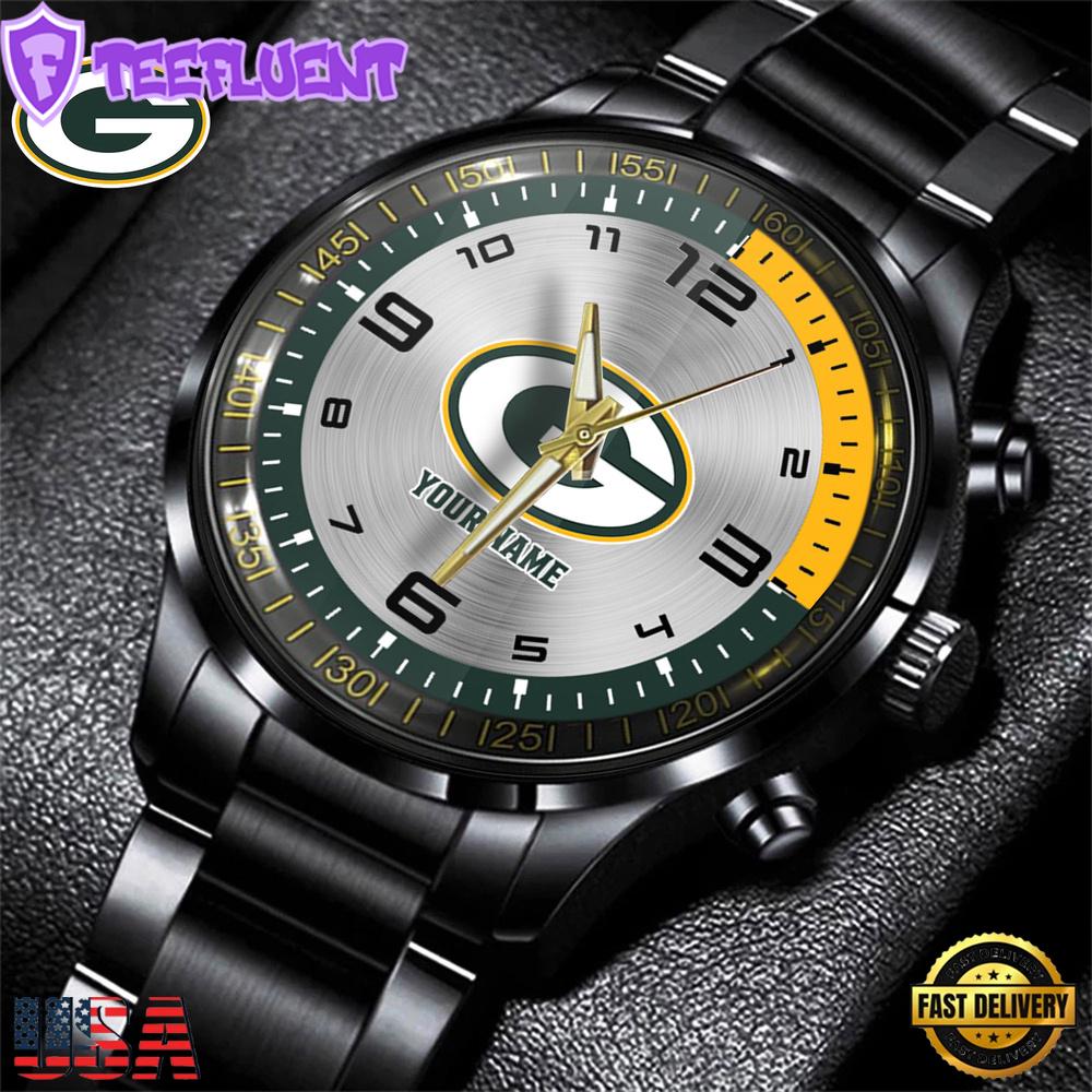 Custom Name Green Bay Packers NFL Black Stainless Steel Watch Gifts For Fans