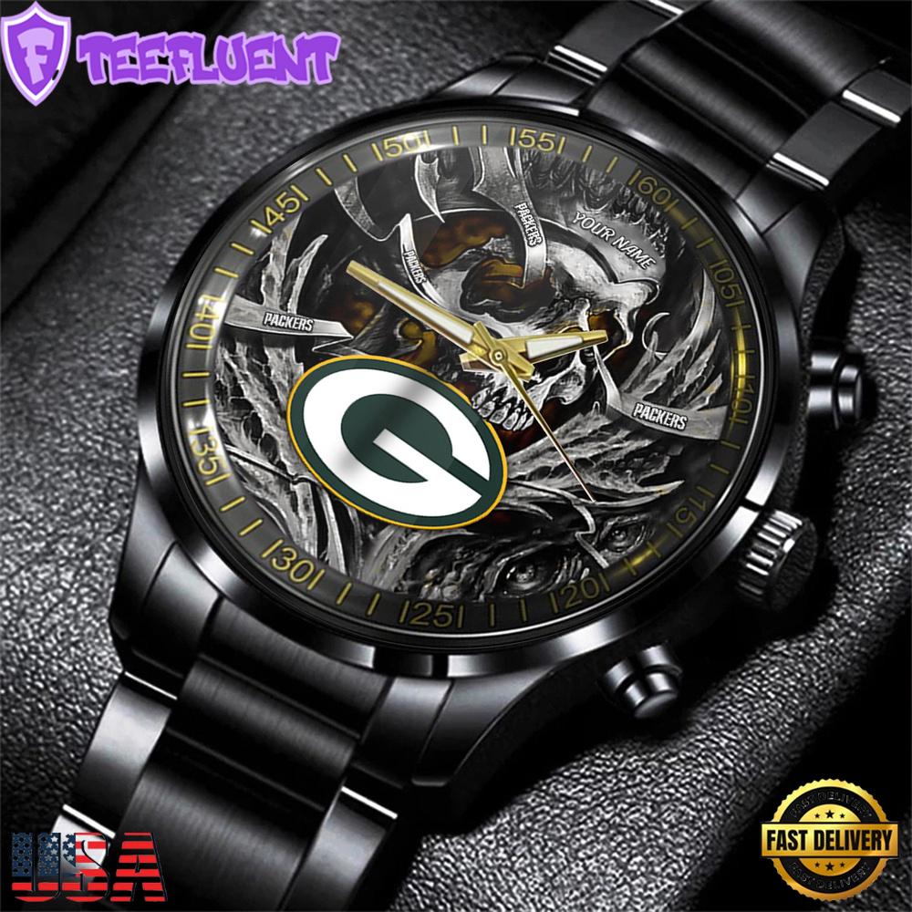Custom Name Green Bay Packers NFL Men Black Stainless Steel Watch Gift For Fans