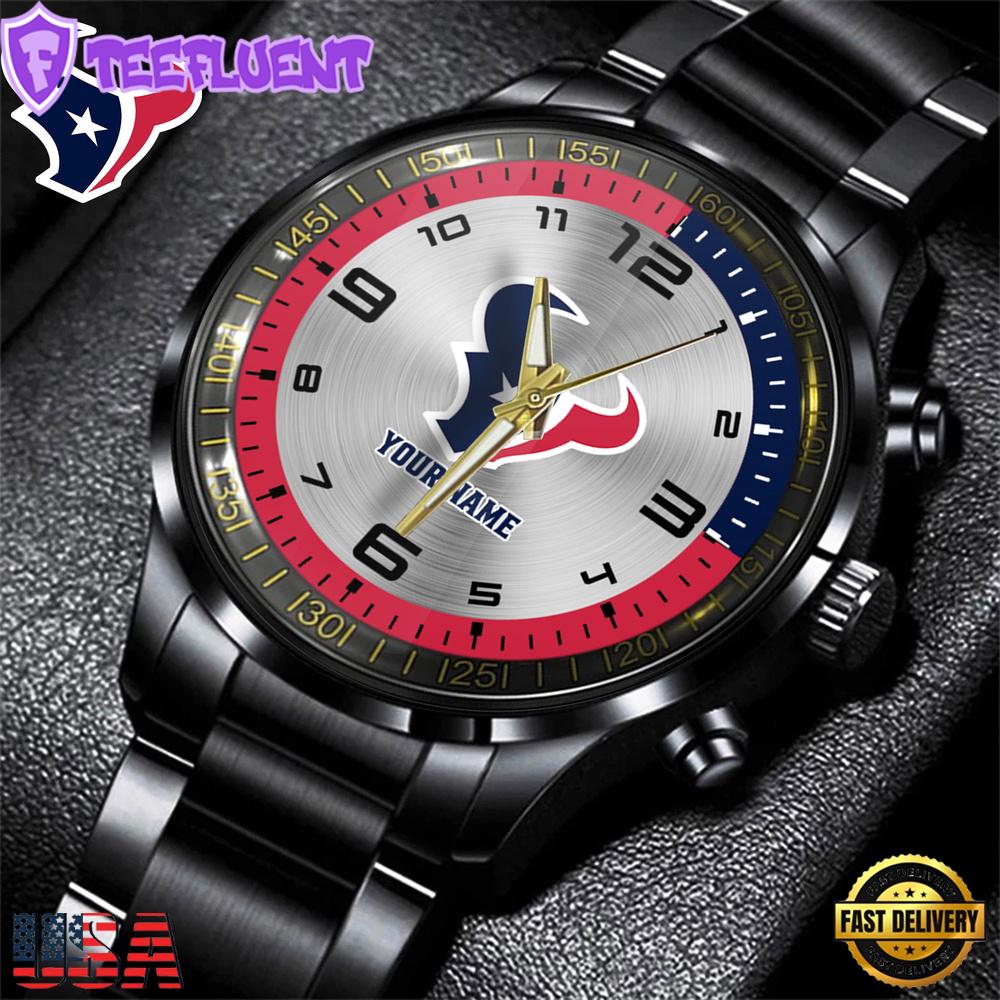 Custom Name Houston Texans NFL Black Stainless Steel Watch Gifts For Fans