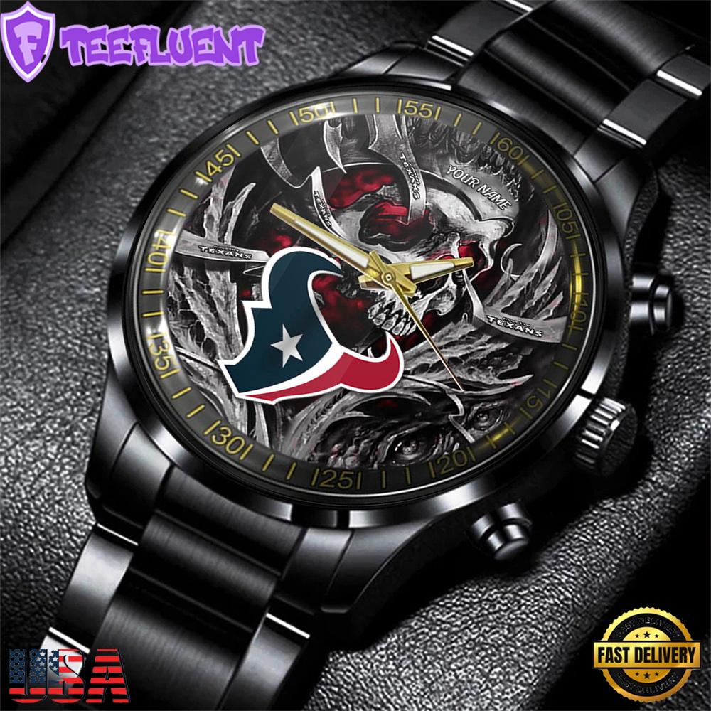 Custom Name Houston Texans NFL Men Black Stainless Steel Watch Gift For Fans