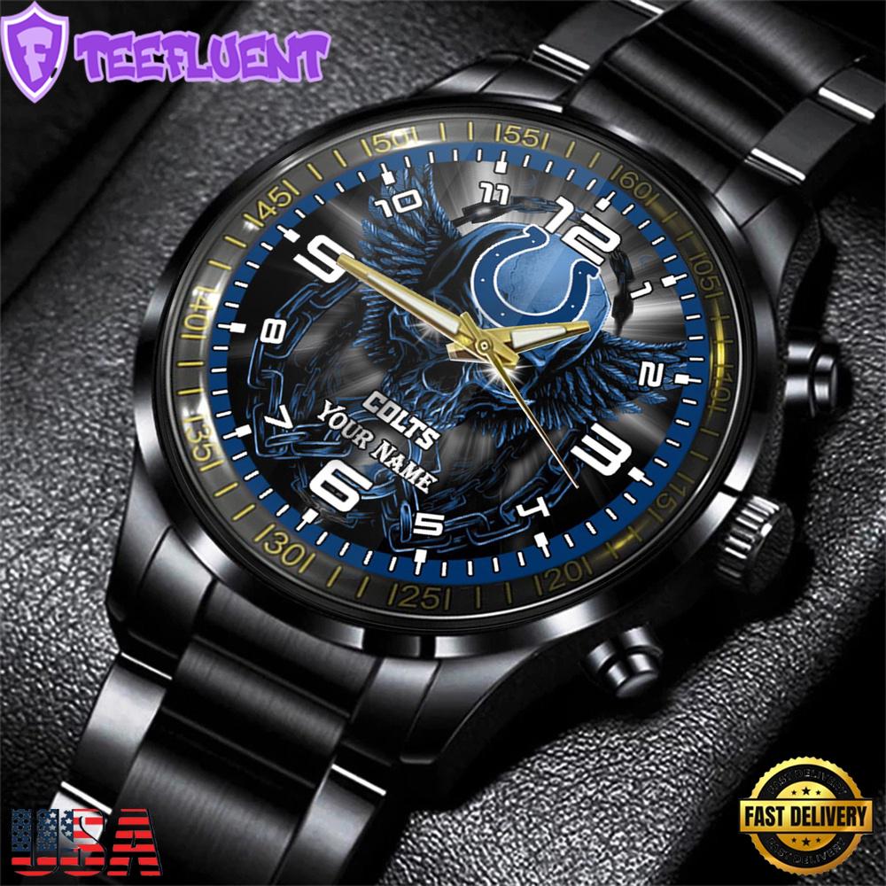 Custom Name Indianapolis Colts NFL 3D Men Black Stainless Steel Watch Gift For Fans