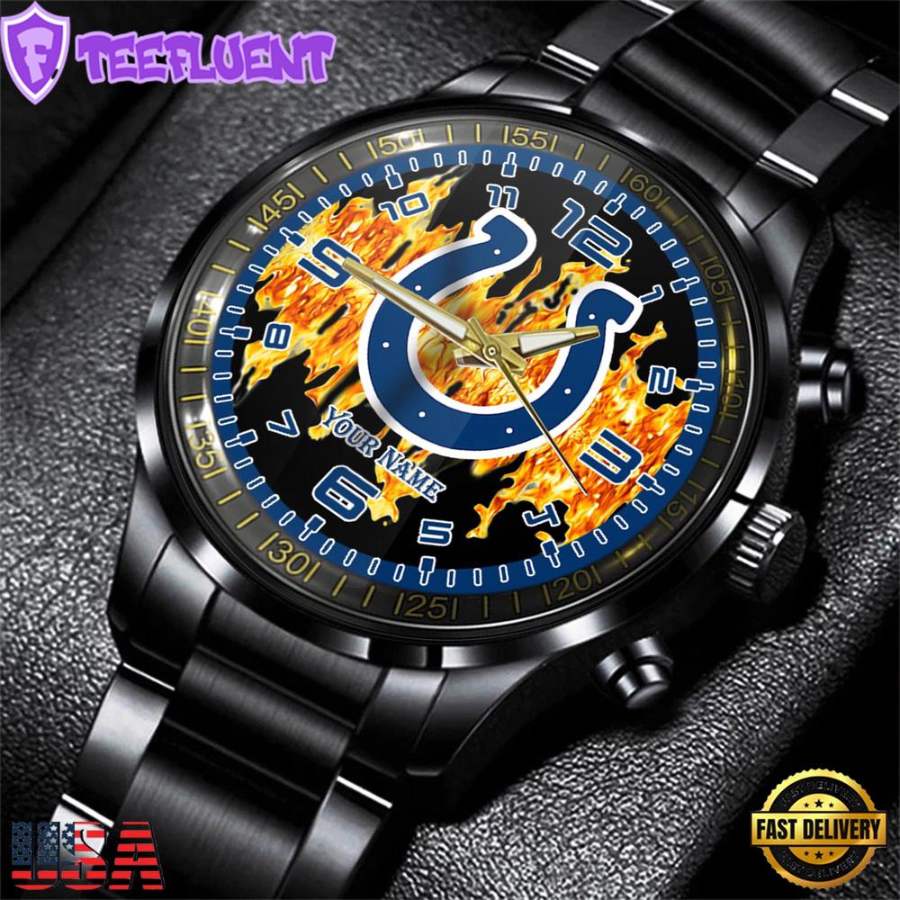 Custom Name Indianapolis Colts NFL 3D Men Black Stainless Steel Watch Gift For Fans