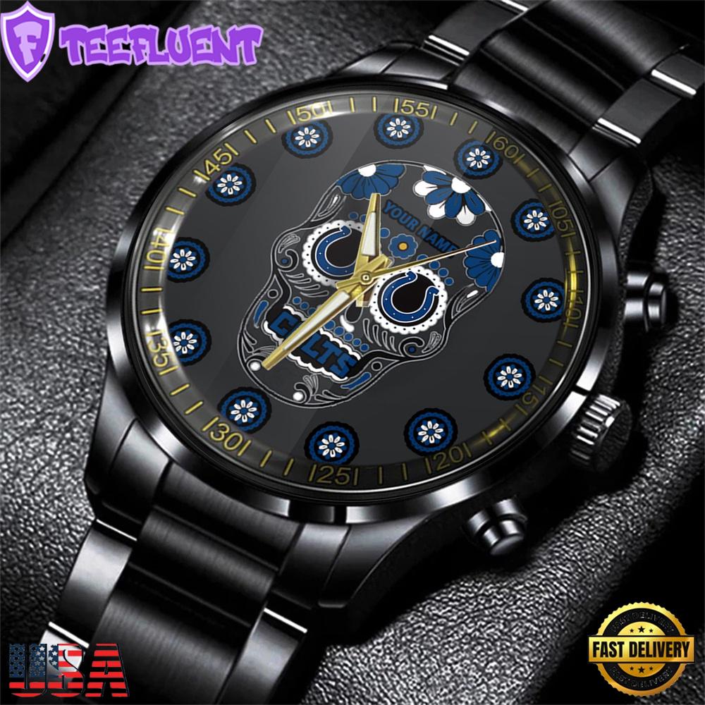 Custom Name Indianapolis Colts NFL Men Black Stainless Steel Watch Gift For Fans