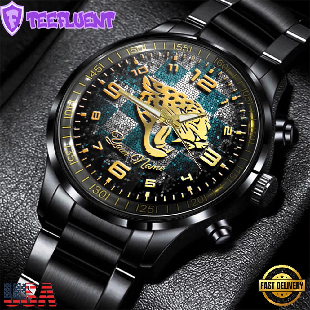 Custom Name Jacksonville Jaguars NFL 3D Men Black Stainless Steel Watch Gift For Fans