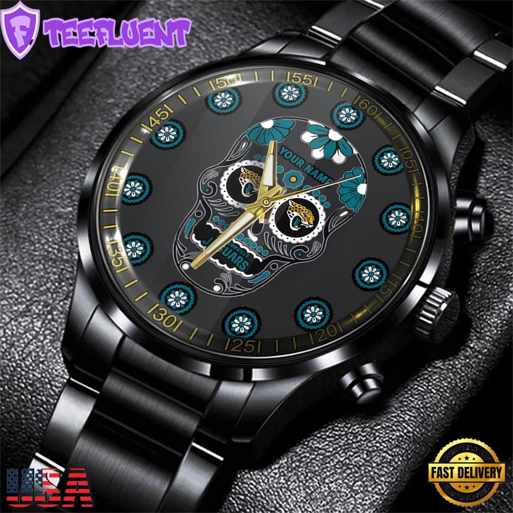 Custom Name Jacksonville Jaguars NFL Men Black Stainless Steel Watch Gift For Fans