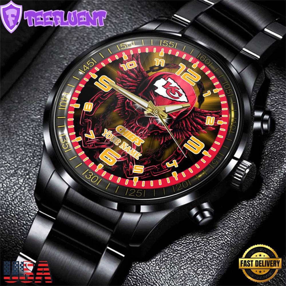 Custom Name Kansas City Chiefs NFL 3D Men Black Stainless Steel Watch Gift For Fans