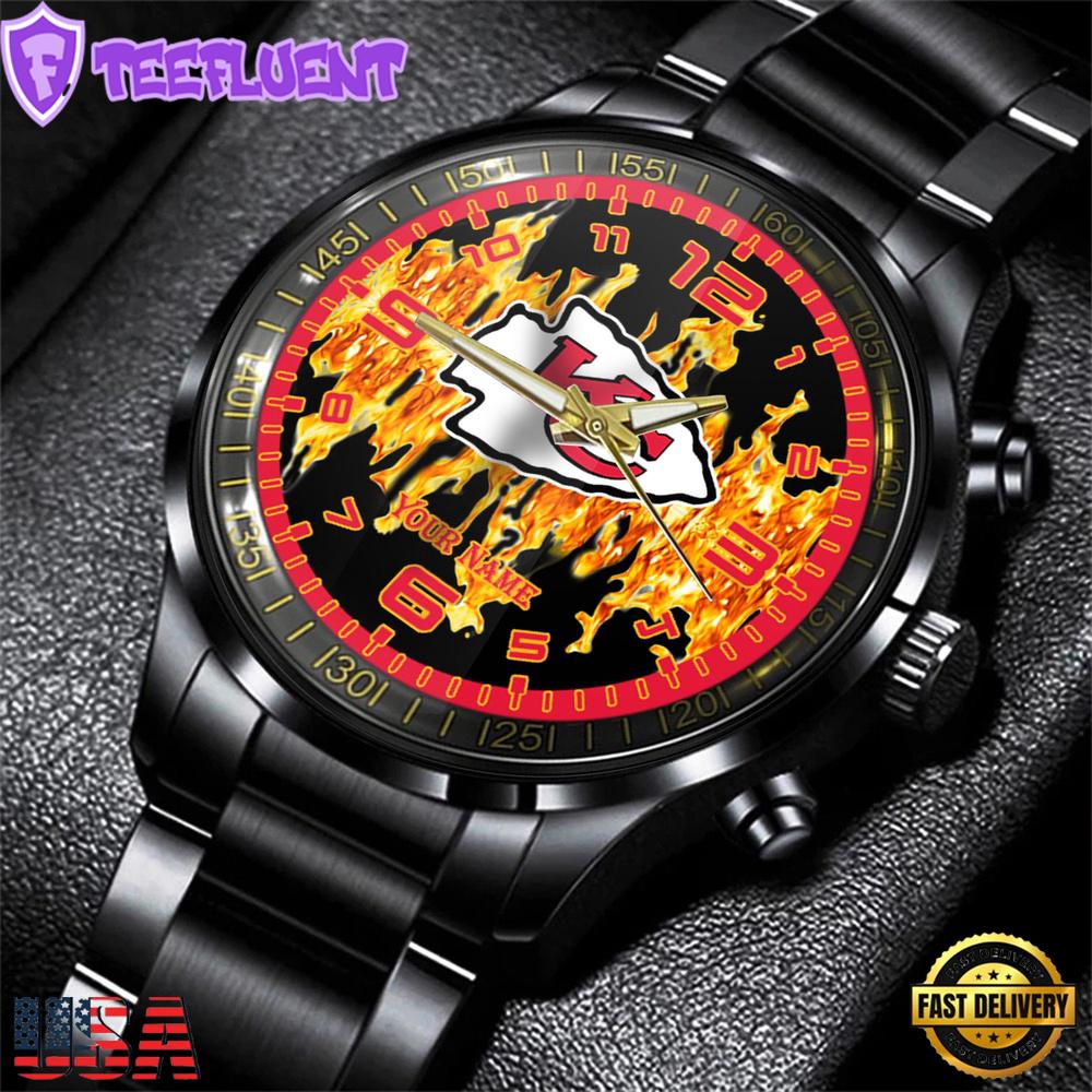 Custom Name Kansas City Chiefs NFL 3D Men Black Stainless Steel Watch Gift For Fans