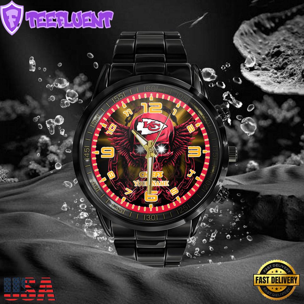 NFL Custom Name Kansas City Chiefs 3D Men Black Stainless Steel Watch NFL Custom Name Kansas City Chiefs 3D Men Black Stainless Steel Watch