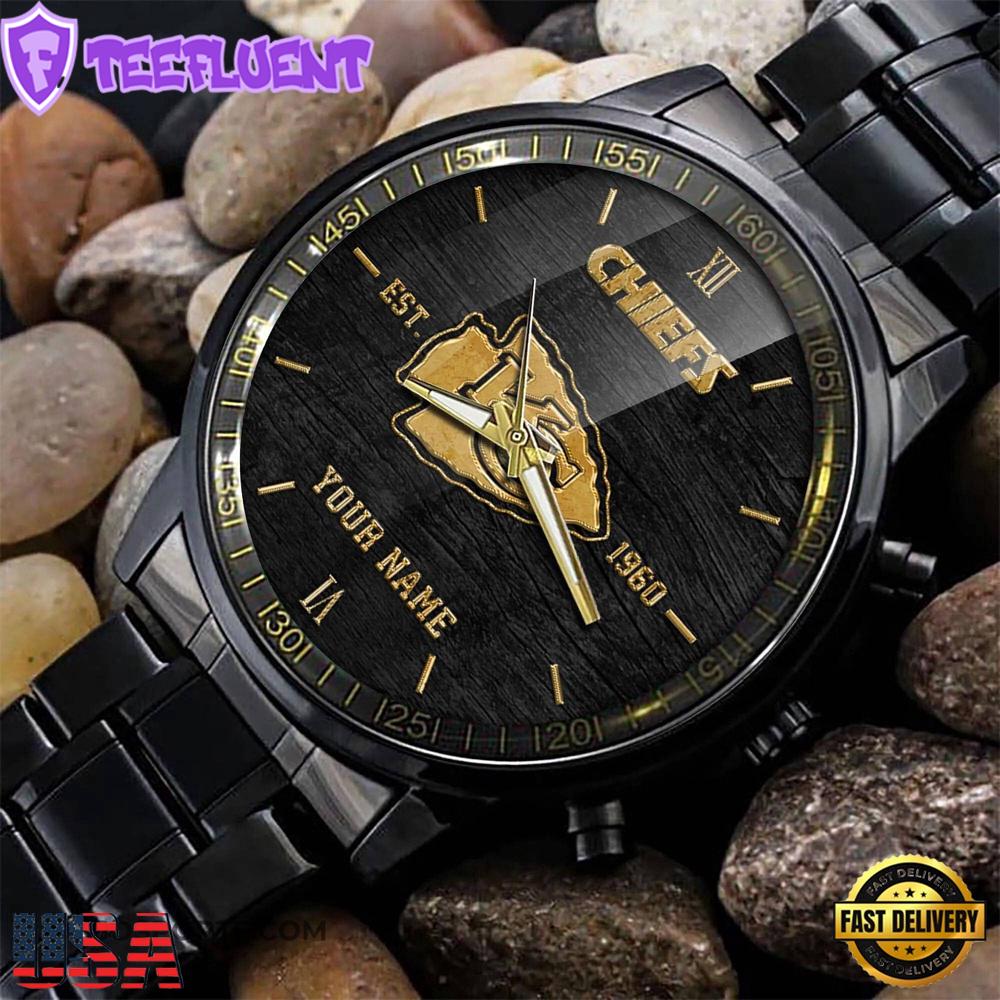 Custom Name Kansas City Chiefs NFL Black Stainless Steel Watch For Fans