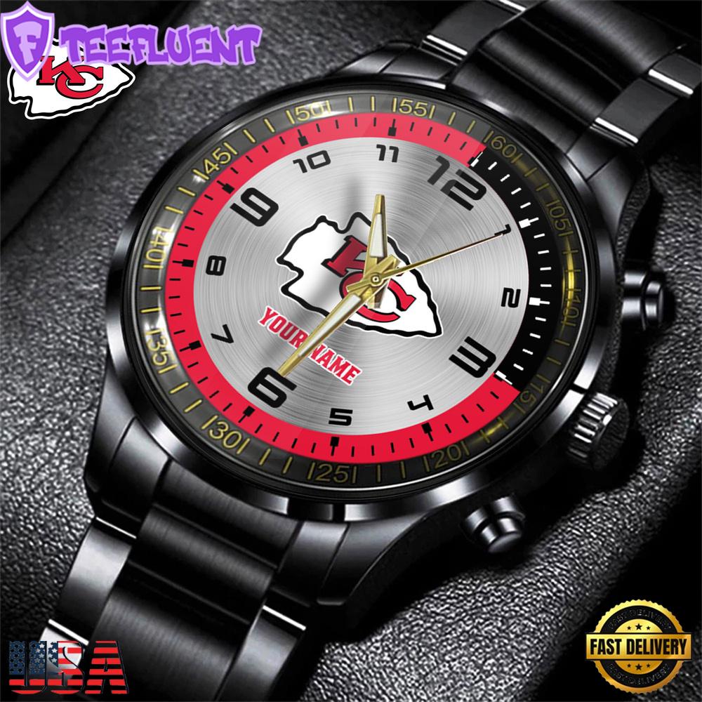 Custom Name Kansas City Chiefs NFL Black Stainless Steel Watch Gifts For Fans