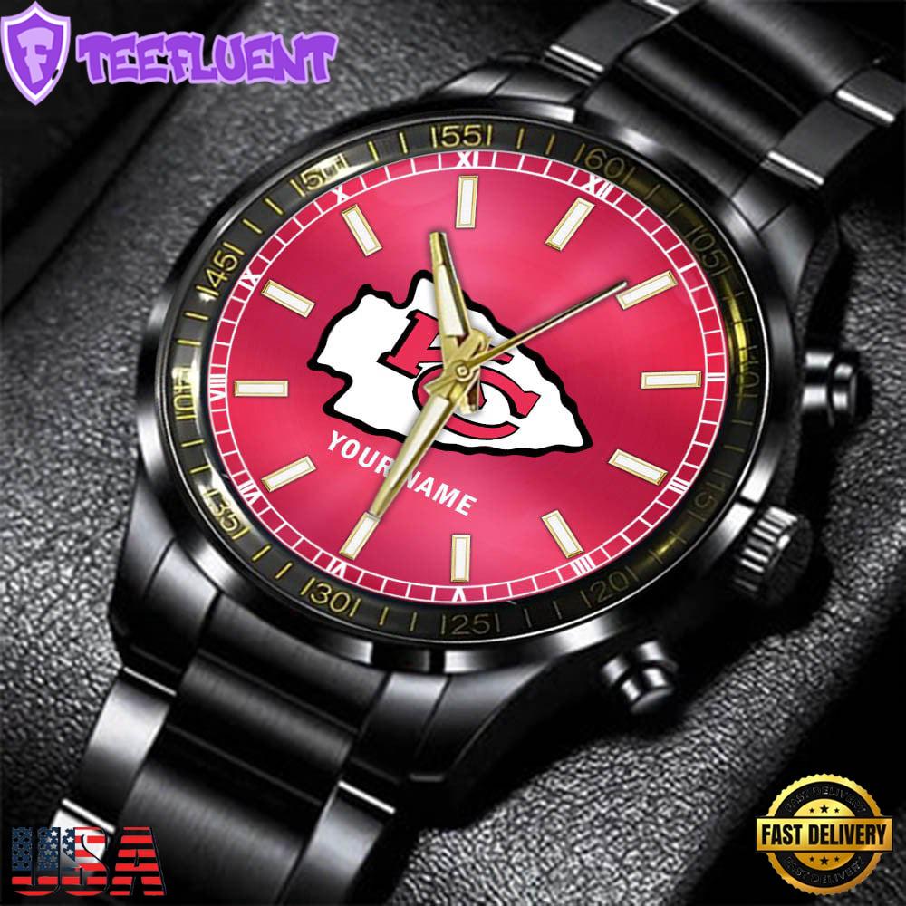 Custom Name Kansas City Chiefs NFL Black Stainless Steel Watch Gifts For Fans