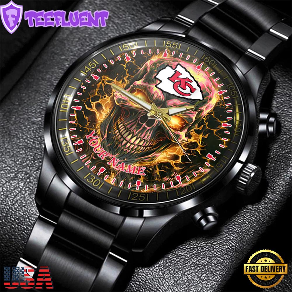 Custom Name Kansas City Chiefs NFL Men Black Stainless Steel Watch Gift For Fans