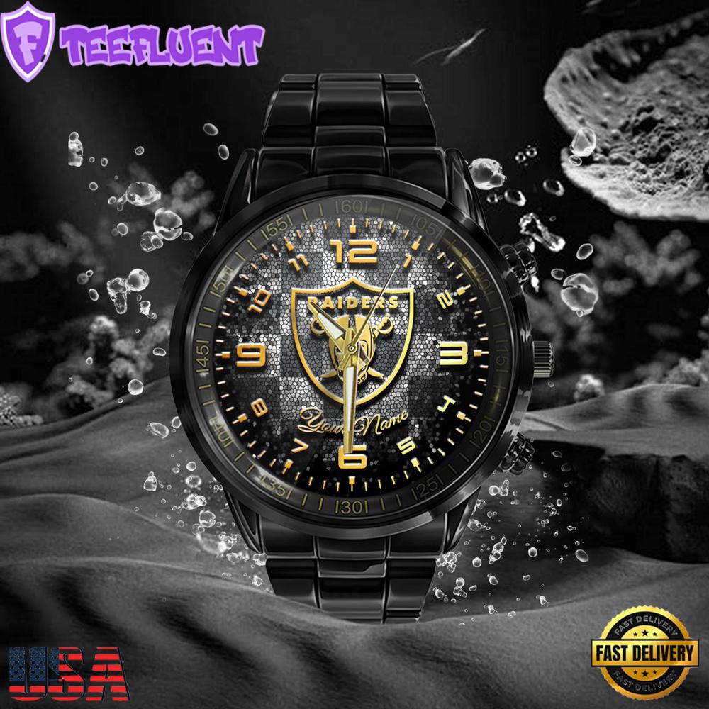 NFL Custom Name Las Vegas Raiders 3D Men Black Stainless Steel Watch NFL Custom Name Las Vegas Raiders 3D Men Black Stainless Steel Watch