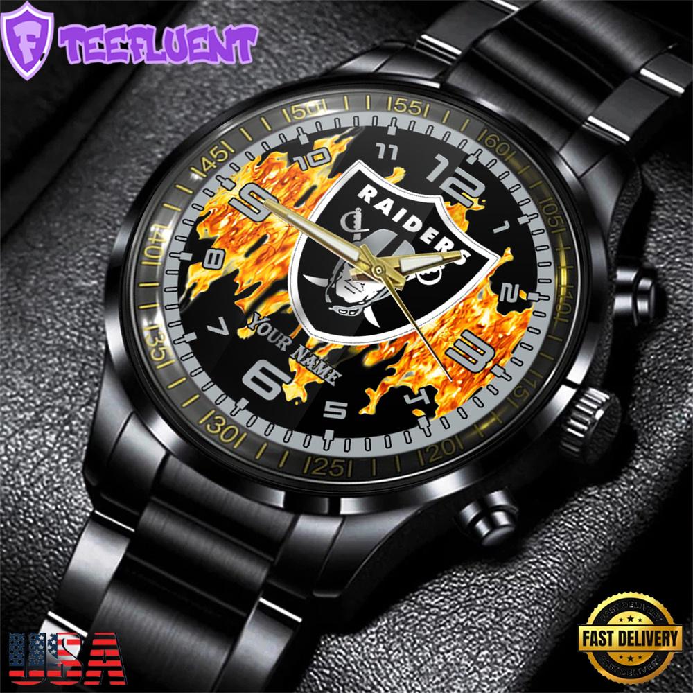 Custom Name Las Vegas Raiders NFL 3D Men Black Stainless Steel Watch Gift For Fans