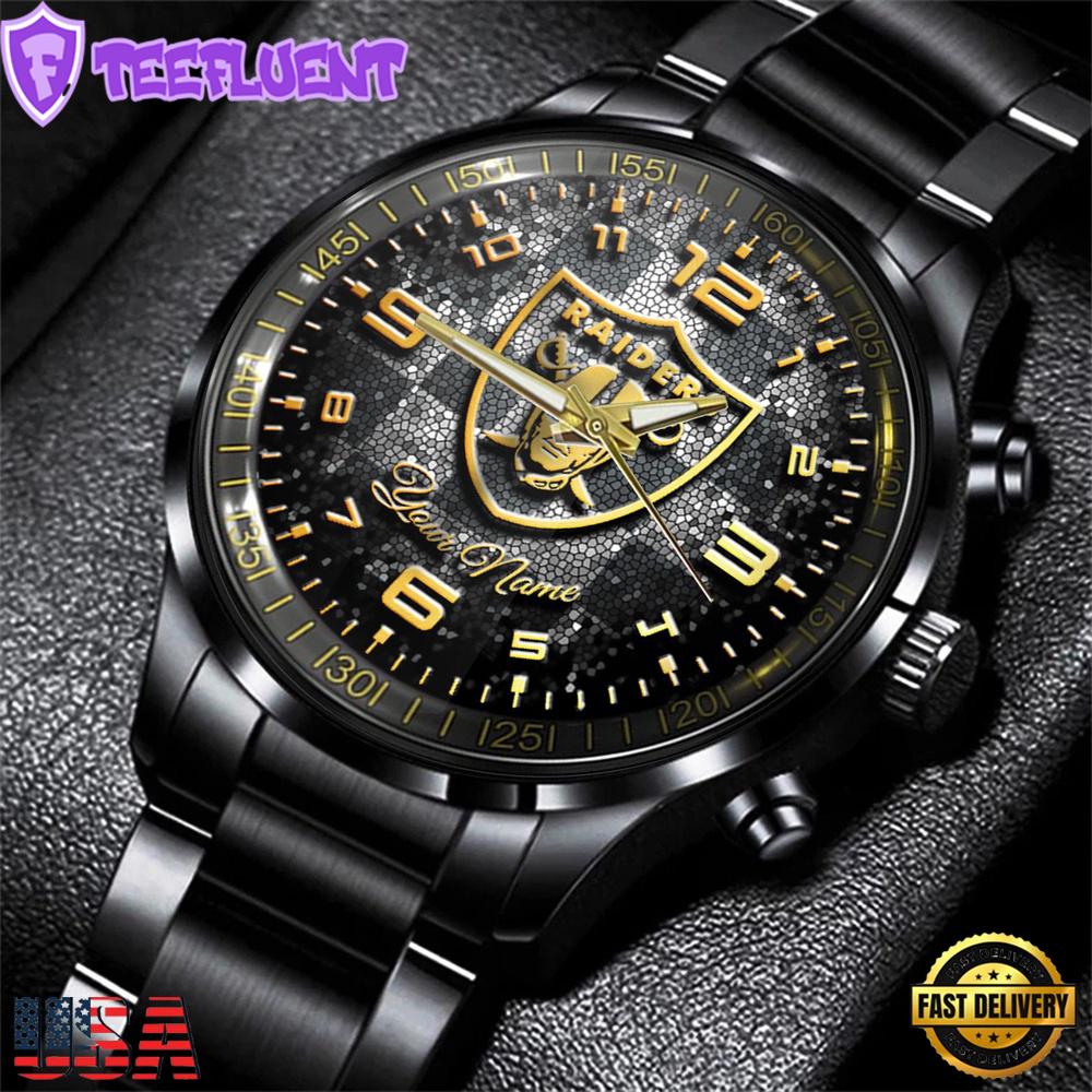 Custom Name Las Vegas Raiders NFL 3D Men Black Stainless Steel Watch Gift For Fans