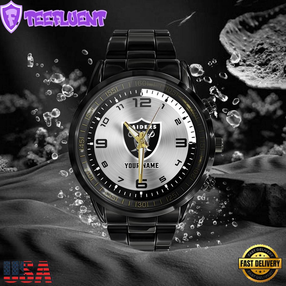 NFL Custom Name Las Vegas Raiders Black Stainless Steel Watch Gifts For Fans NFL Custom Name Las Vegas Raiders Black Stainless Steel Watch Gifts For Fans
