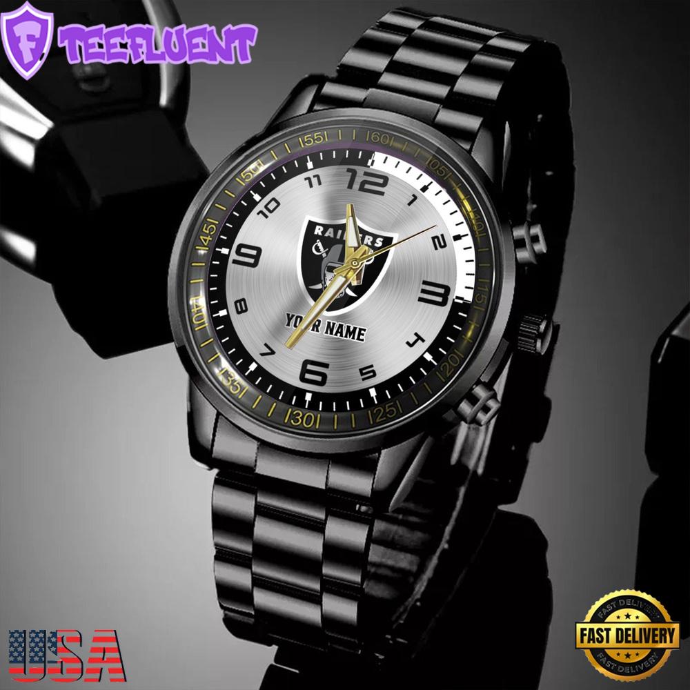 Custom Name Las Vegas Raiders NFL Black Stainless Steel Watch Gifts For Fans