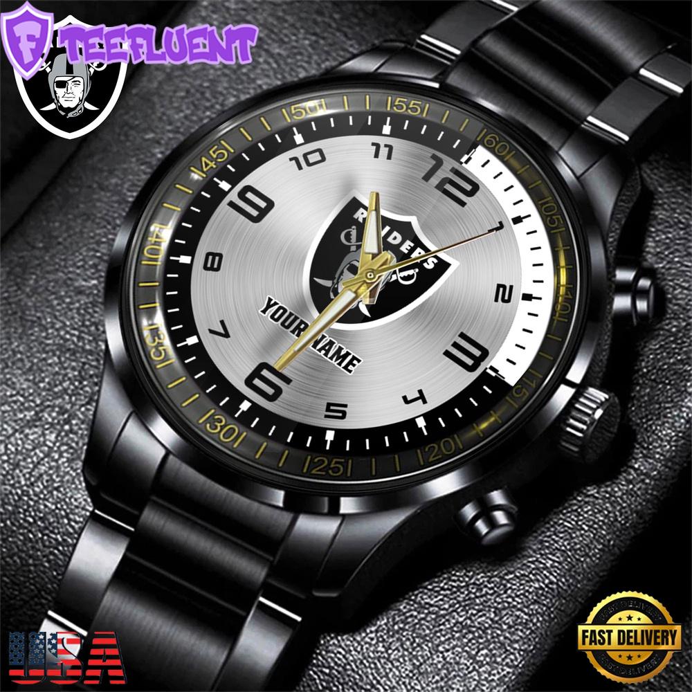 Custom Name Las Vegas Raiders NFL Black Stainless Steel Watch Gifts For Fans