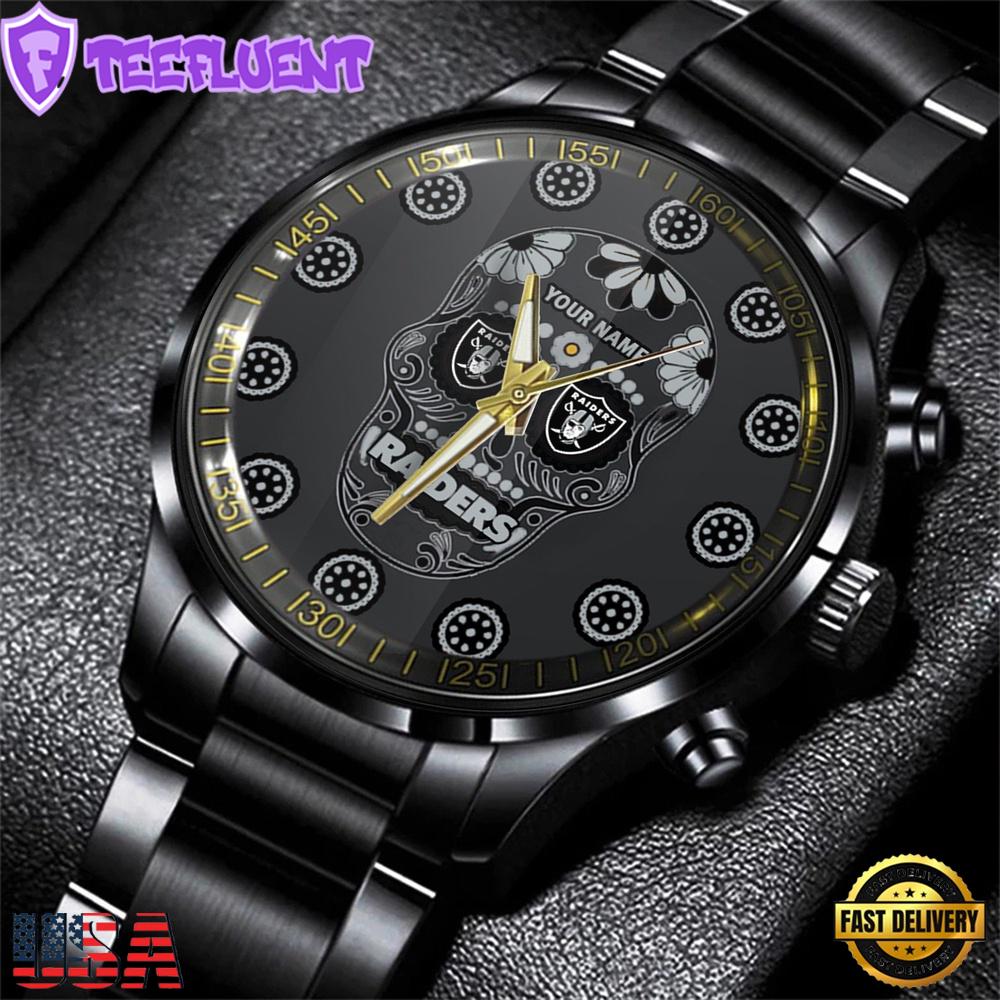 Custom Name Las Vegas Raiders NFL Men Black Stainless Steel Watch Gift For Fans