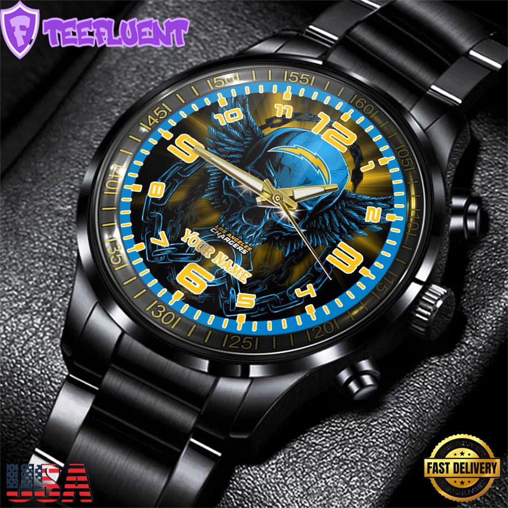 Custom Name Los Angeles Chargers NFL 3D Men Black Stainless Steel Watch Gift For Fans