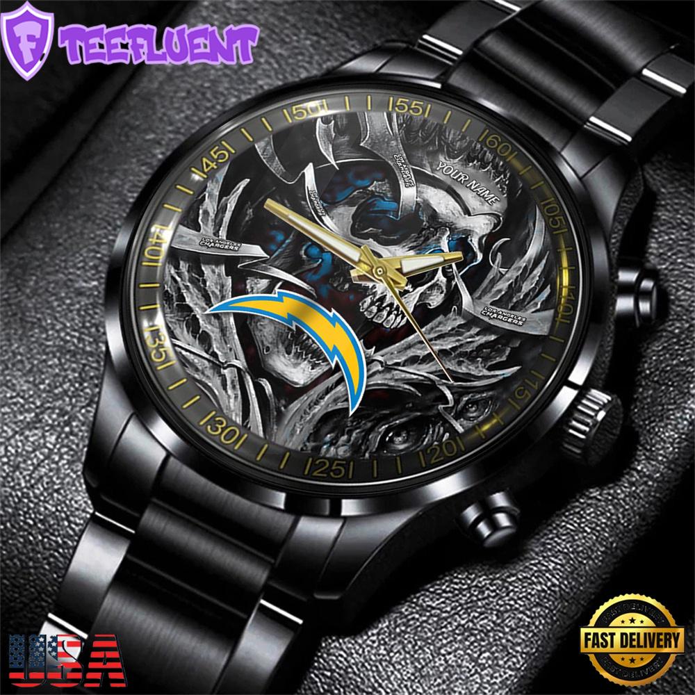 Custom Name Los Angeles Chargers NFL Men Black Stainless Steel Watch Gift For Fans